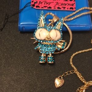 Betsey Johnson Blue Big Eyed Cat Jeweled Pendant